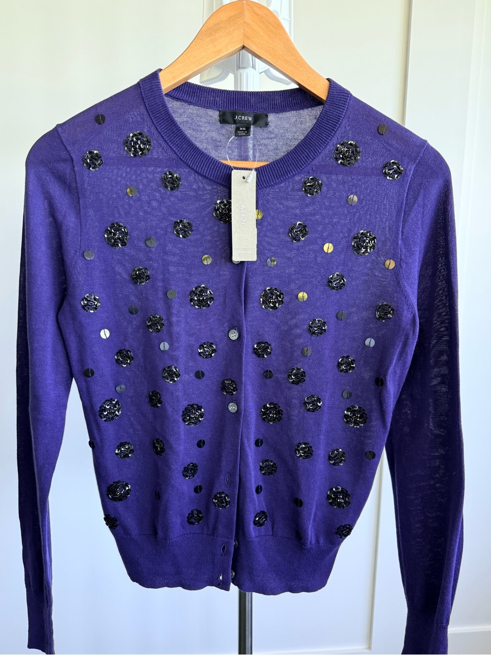 J. Crew Purple Sequin Disc Embellished Crewneck Cardigan